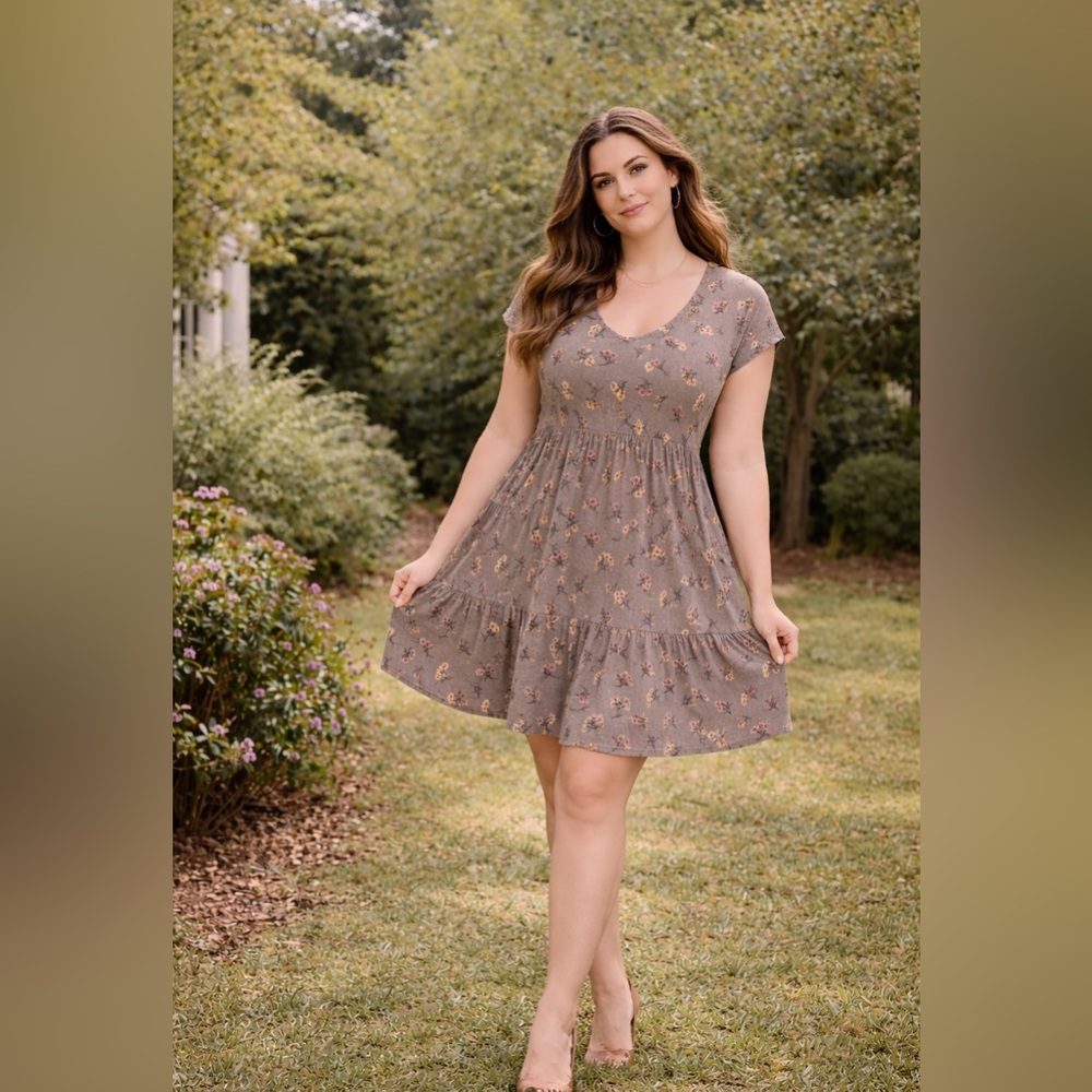 Ultra Flirt Floral Babydoll Mini Dress Size L Taupe Cottagecore Flowy Spring